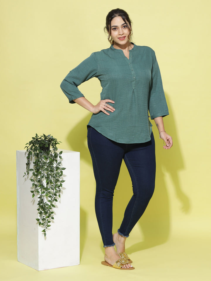  Casual Tops  Mandarin Collar Top - Buy Trendy Green Cotton Top Online- 9shines label 