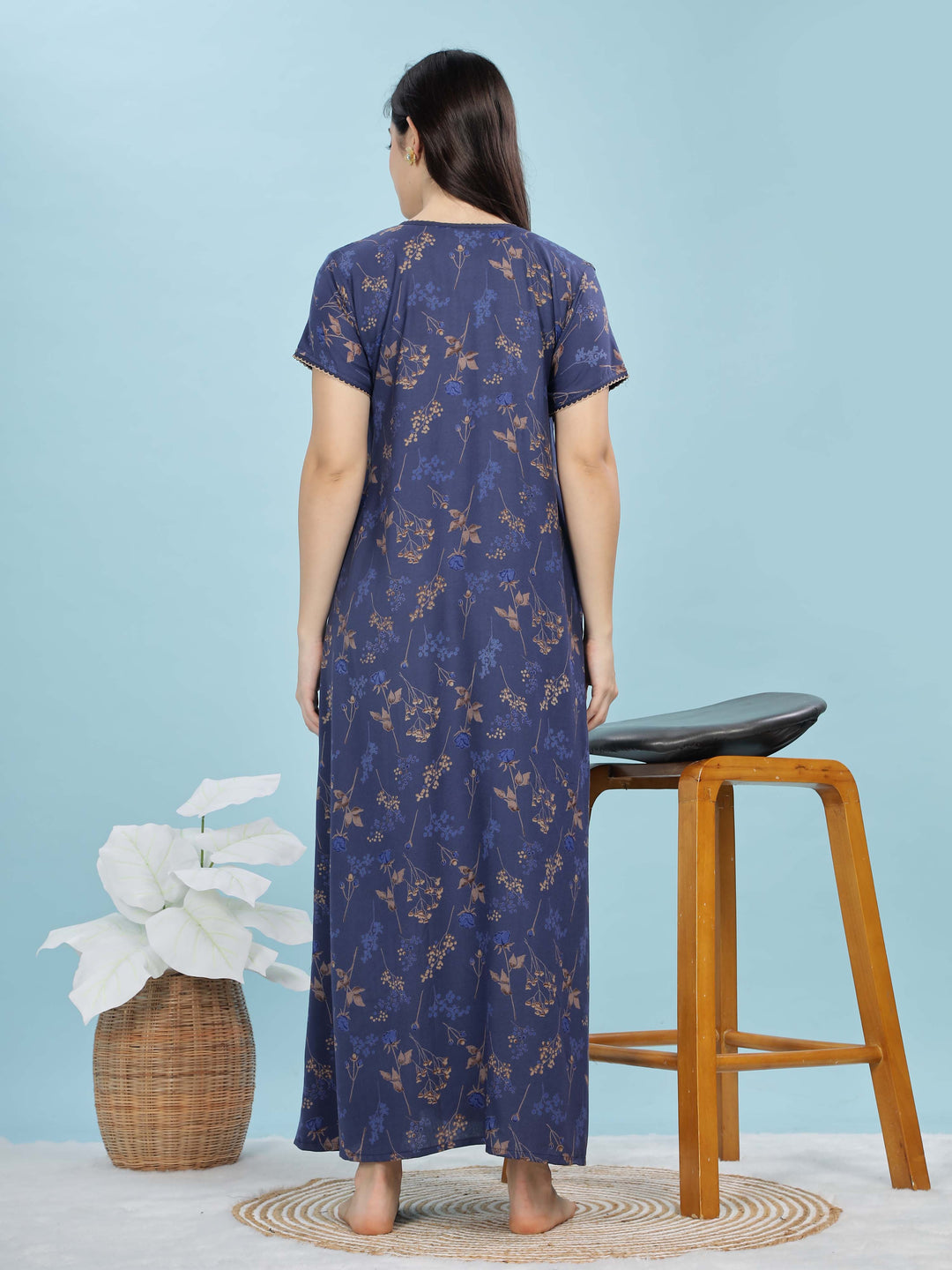 Deep Blue Alpine Maxi Nighty for Women With Pocket