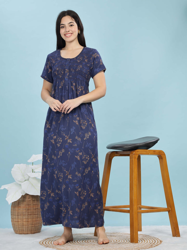 Deep Blue Alpine Maxi Nighty for Women With Pocket