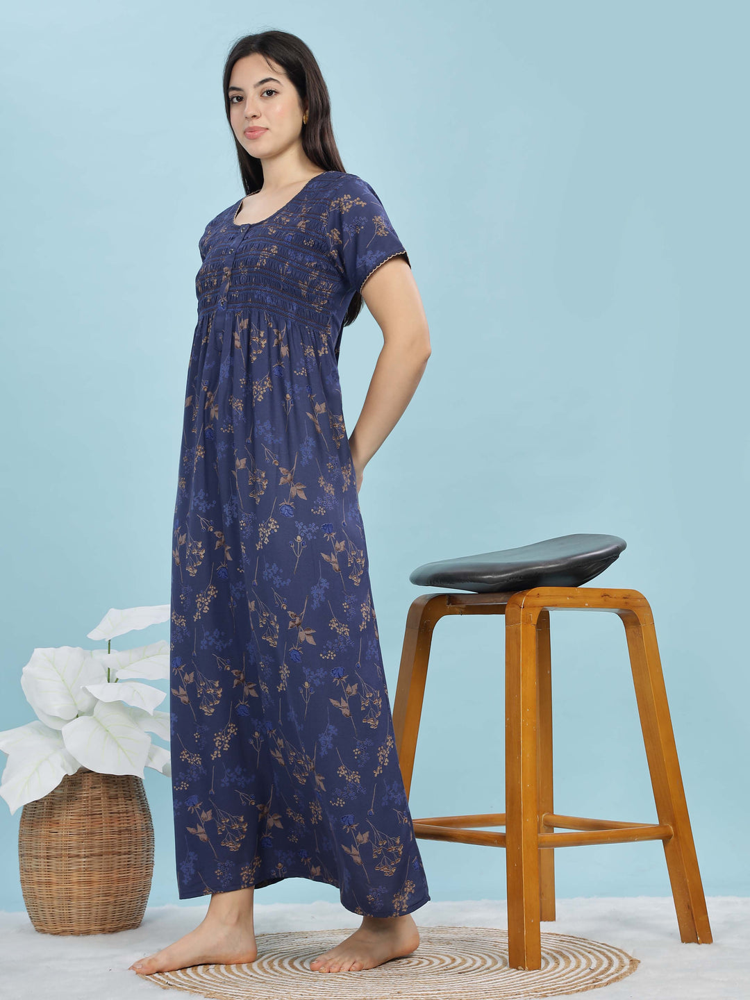 Deep Blue Alpine Maxi Nighty for Women With Pocket