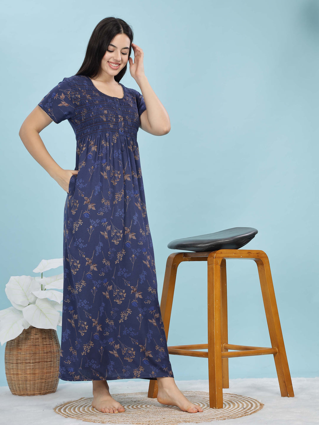 Deep Blue Alpine Maxi Nighty for Women With Pocket