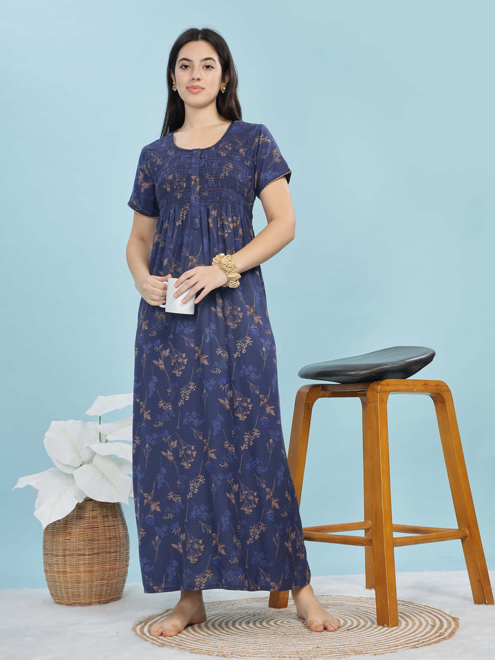 Deep Blue Alpine Maxi Nighty for Women With Pocket