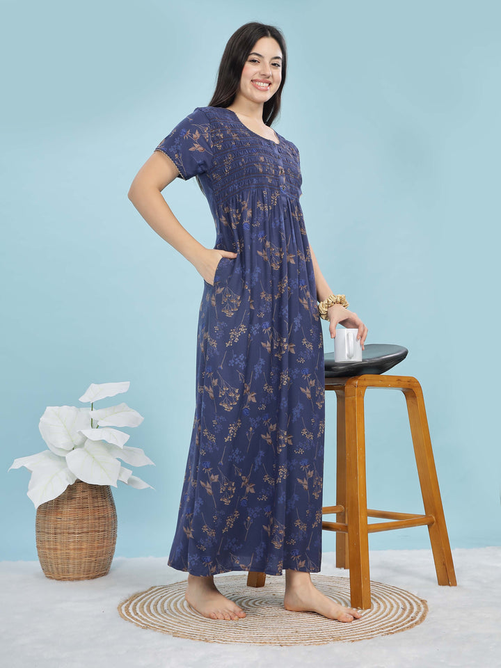 Deep Blue Alpine Maxi Nighty for Women With Pocket