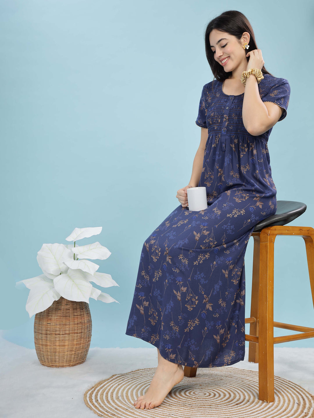 Deep Blue Alpine Maxi Nighty for Women With Pocket