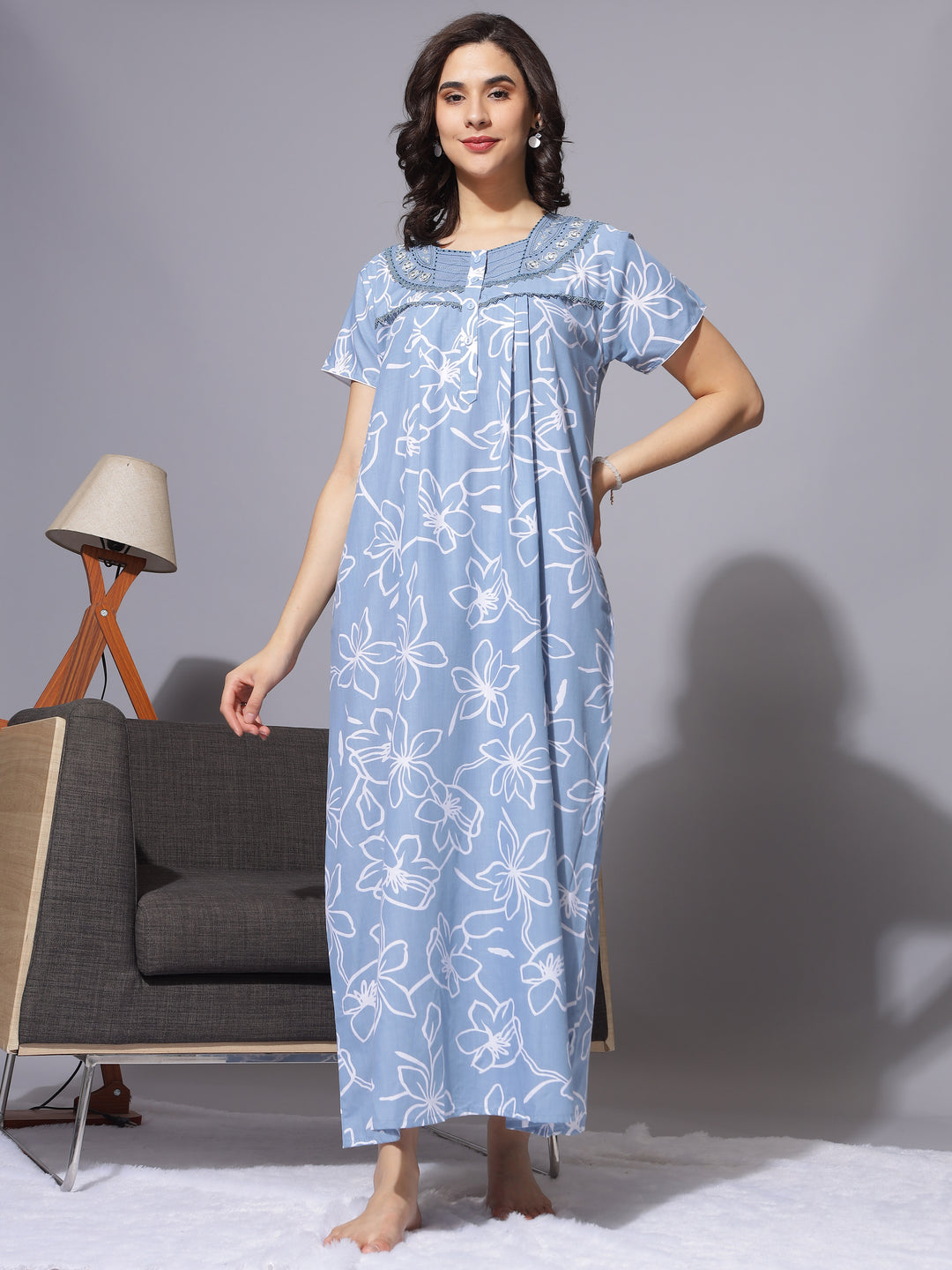  Poly Viscose Nighty  Upgrade Your Nightwear: Poly Viscose Designer Nighty in Blue- 9shines label 