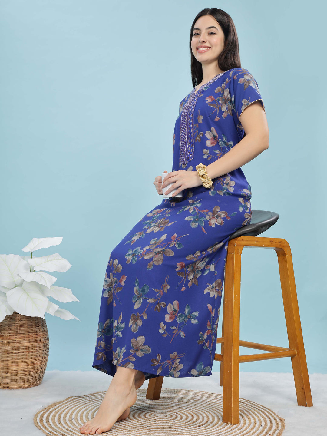 Blue Floral print A-Line Nighty with pocket 