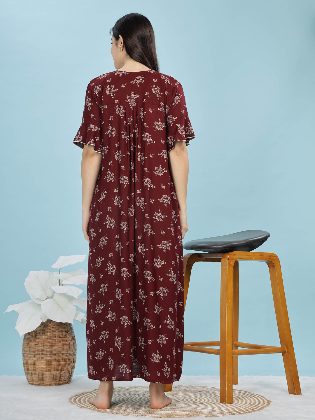 Alpine Maroon Designer Nighty – Floral Print & Embroidered Neckline