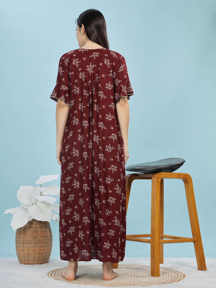 Alpine Maroon Designer Nighty – Floral Print & Embroidered Neckline