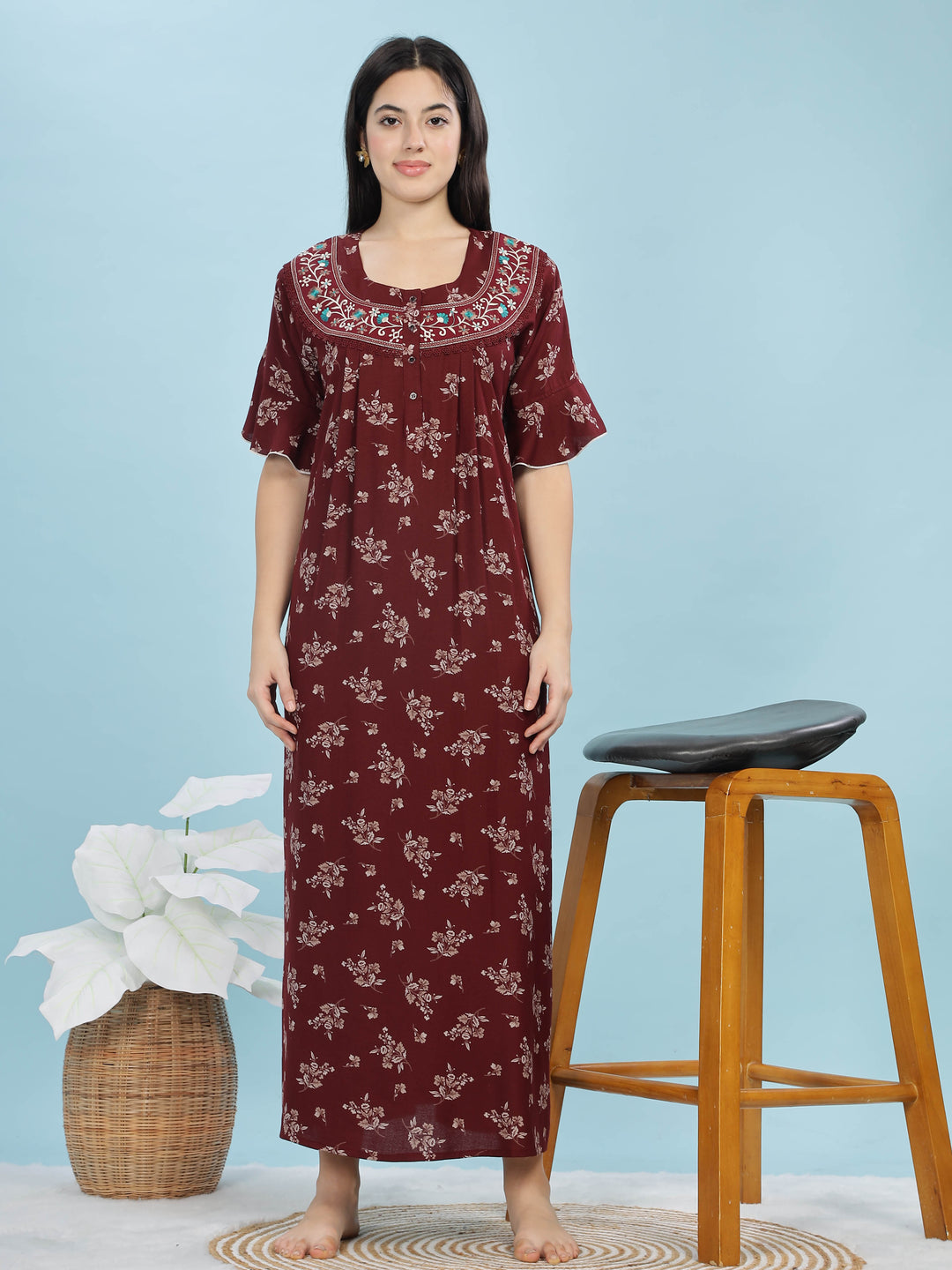 Alpine Maroon Designer Nighty – Floral Print & Embroidered Neckline