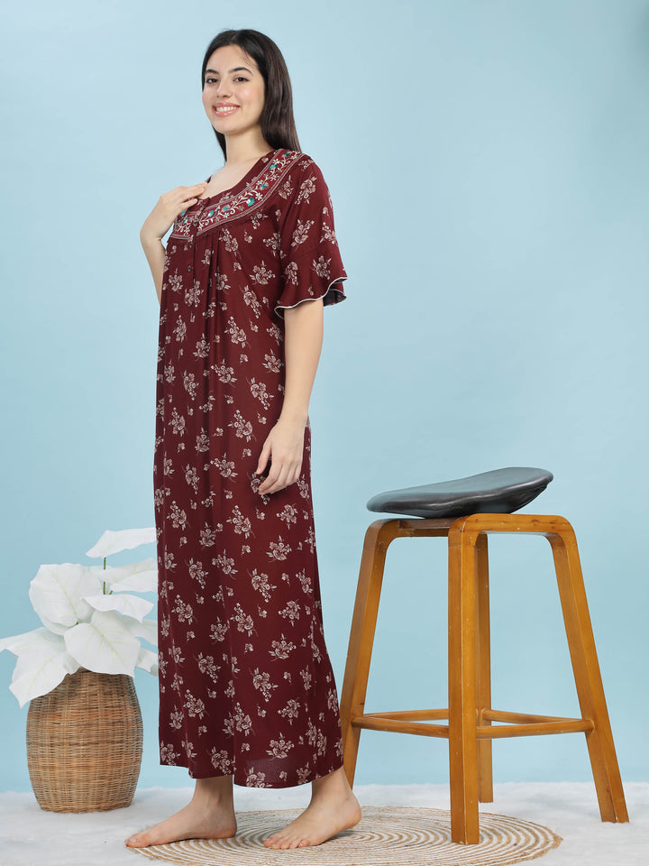 Alpine Maroon Designer Nighty – Floral Print & Embroidered Neckline