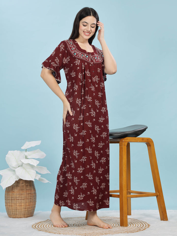 Alpine Maroon Designer Nighty – Floral Print & Embroidered Neckline