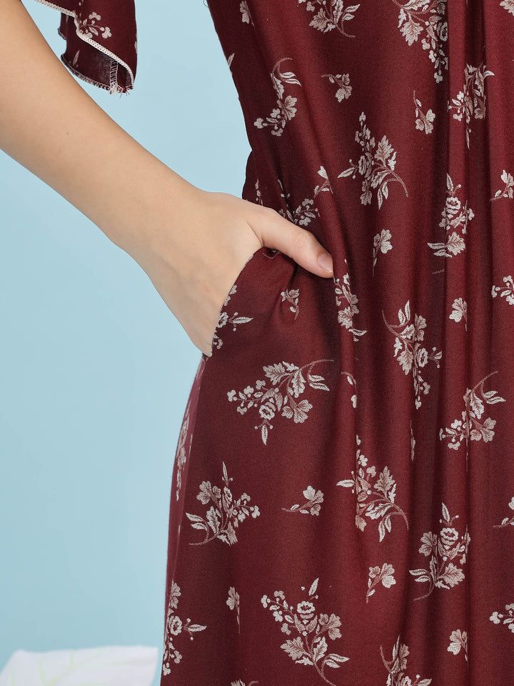 Alpine Maroon Designer Nighty – Floral Print & Embroidered Neckline