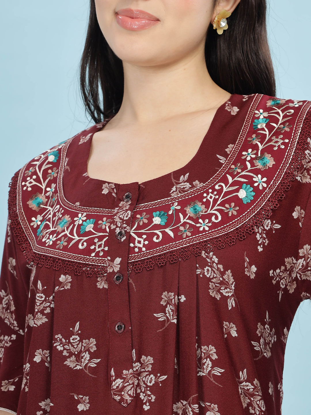 Alpine Maroon Designer Nighty – Floral Print & Embroidered Neckline