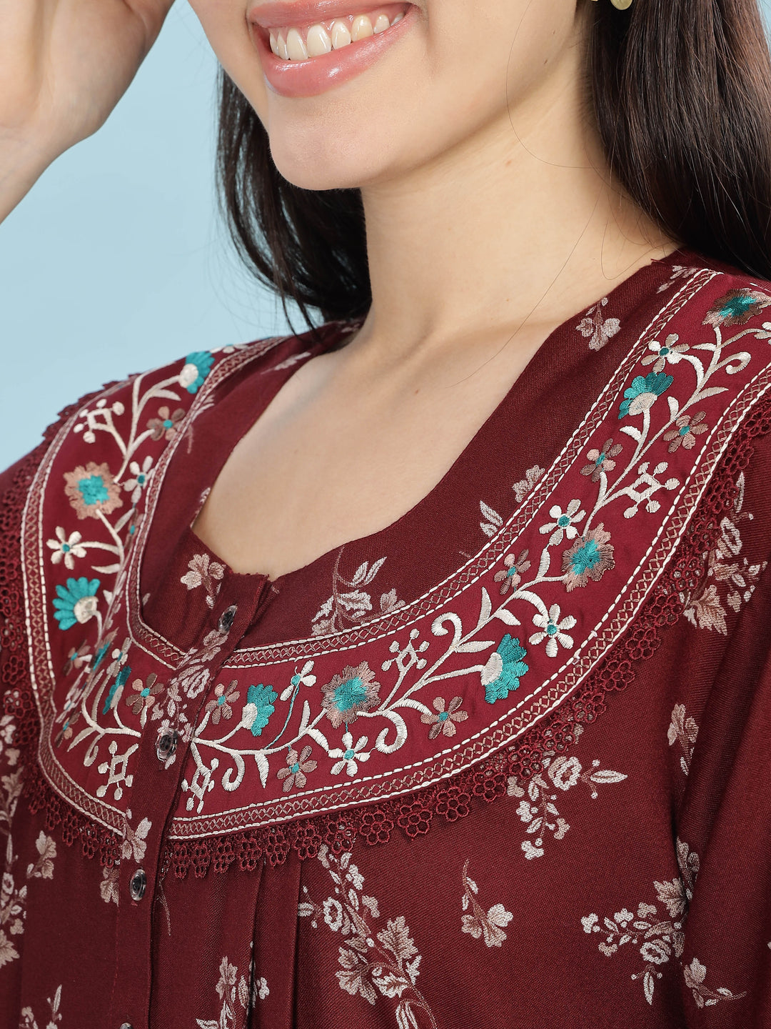 Alpine Maroon Designer Nighty – Floral Print & Embroidered Neckline