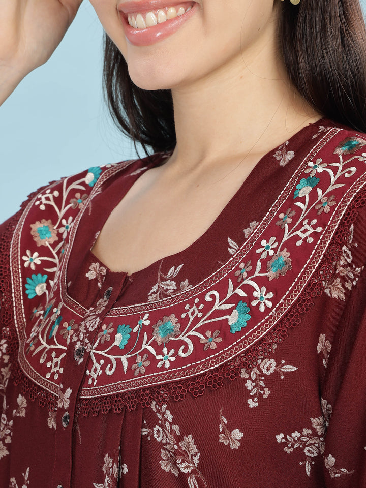 Alpine Maroon Designer Nighty – Floral Print & Embroidered Neckline