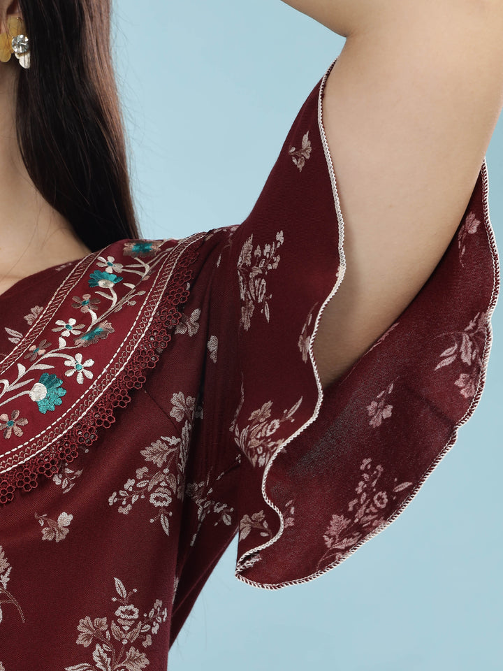 Alpine Maroon Designer Nighty – Floral Print & Embroidered Neckline