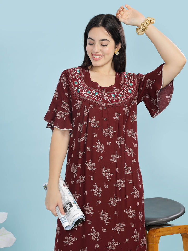 Alpine Maroon Designer Nighty – Floral Print & Embroidered Neckline