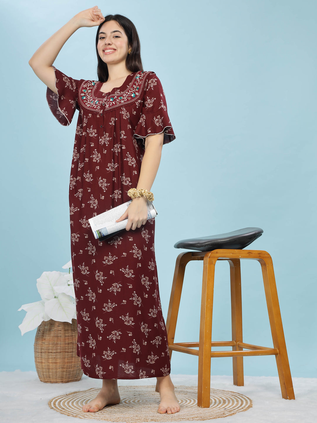 Alpine Maroon Designer Nighty – Floral Print & Embroidered Neckline