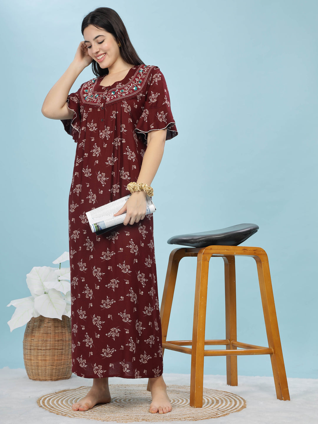 Alpine Maroon Designer Nighty – Floral Print & Embroidered Neckline