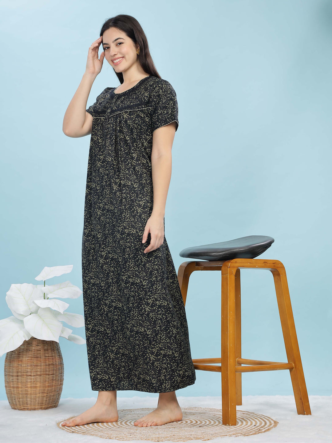 Navy Blue Ethnic Motif Nighty – Chic, Full-Length Comfort for Women