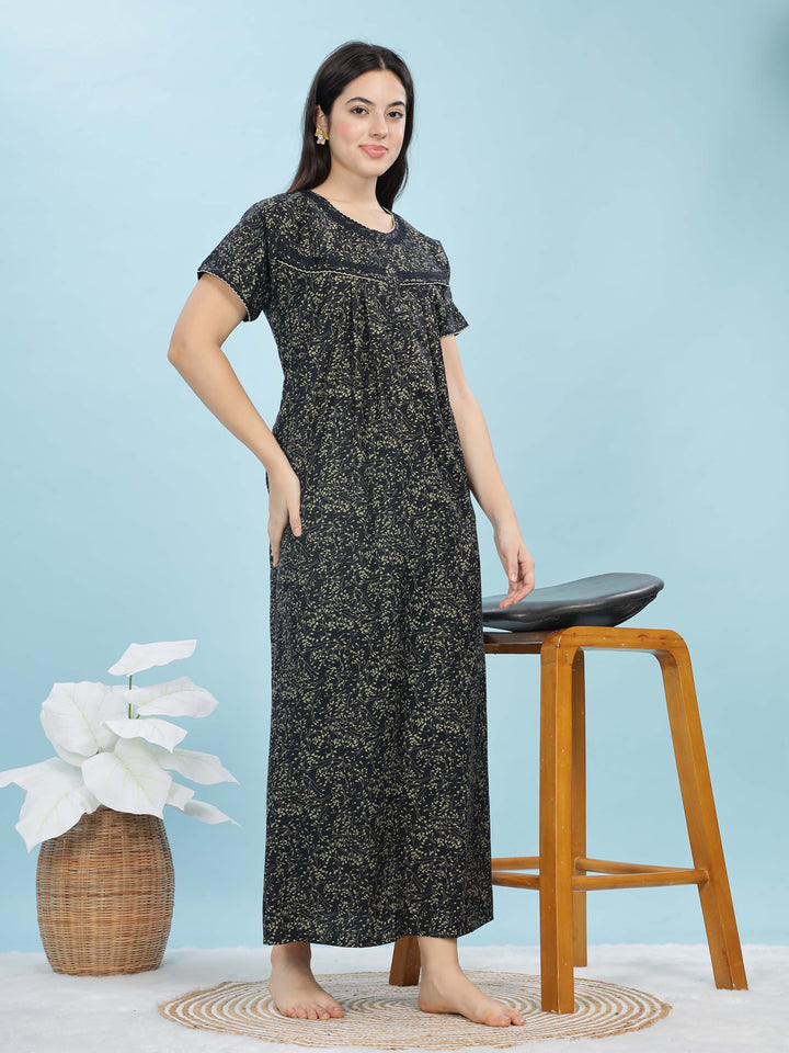 Navy Blue Ethnic Motif Nighty – Chic, Full-Length Comfort for Women