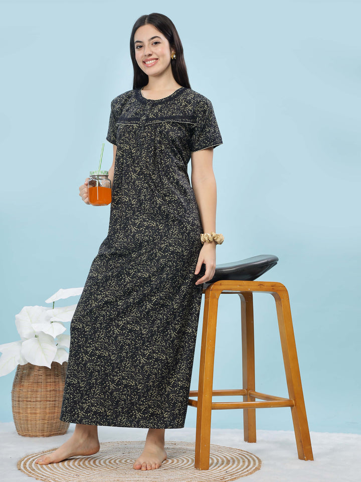 Navy Blue Ethnic Motif Nighty – Chic, Full-Length Comfort for Women