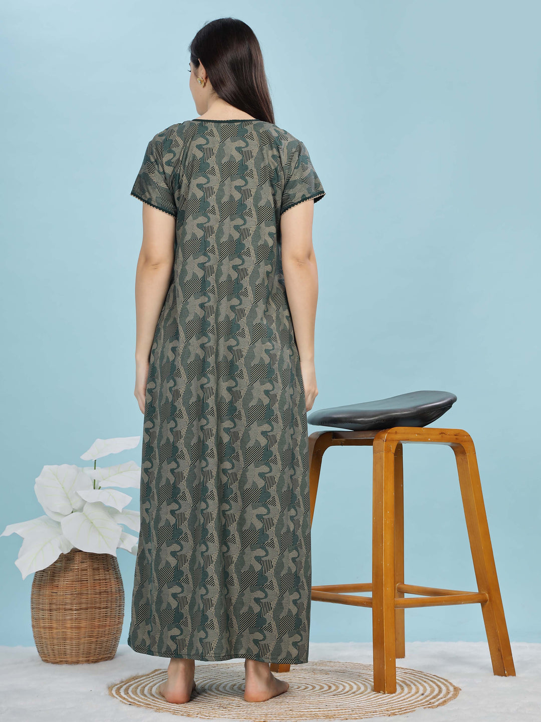 Trendy Green Smokey Floral Designer Maxi Nighty