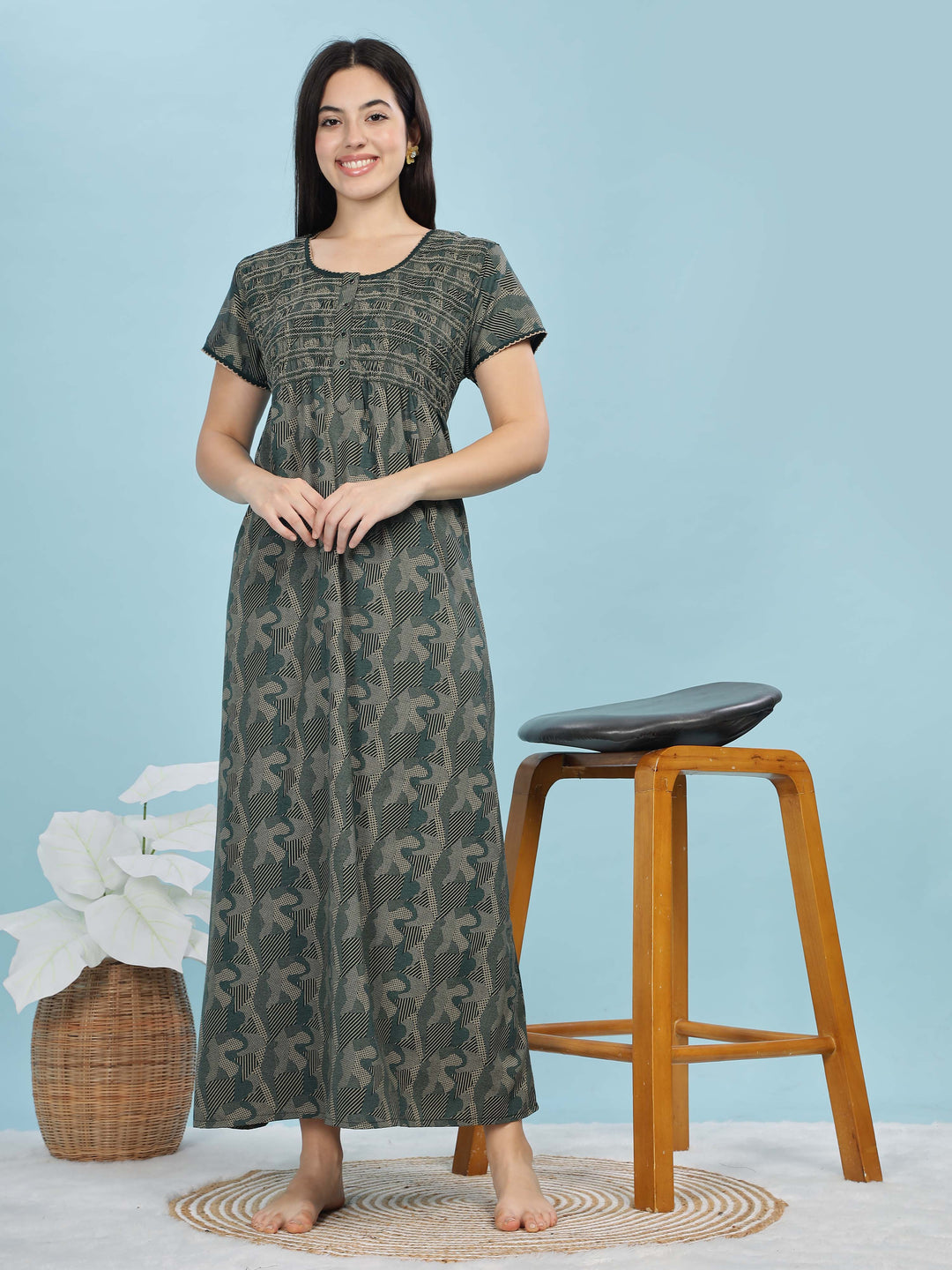 Trendy Green Smokey Floral Designer Maxi Nighty