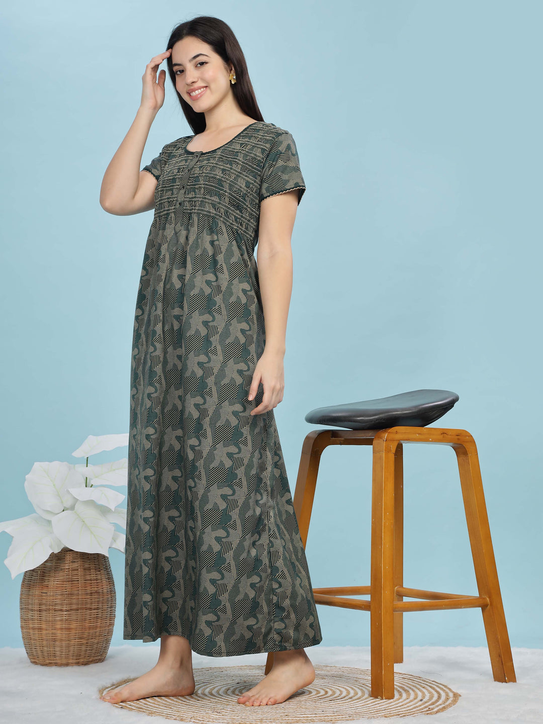 Trendy Green Smokey Floral Designer Maxi Nighty