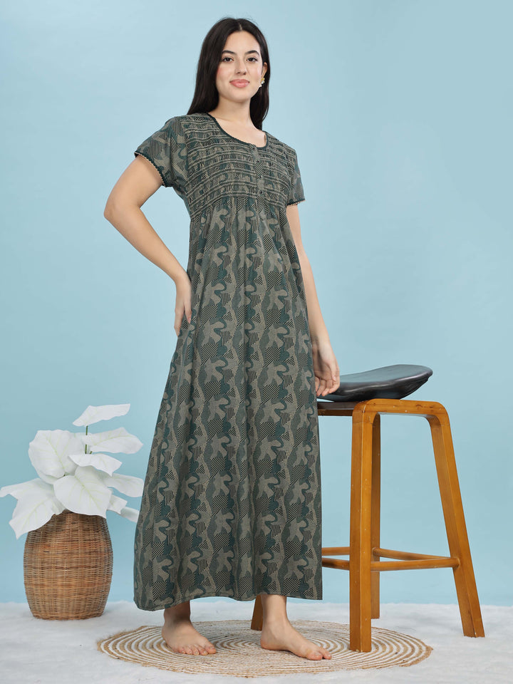 Trendy Green Smokey Floral Designer Maxi Nighty