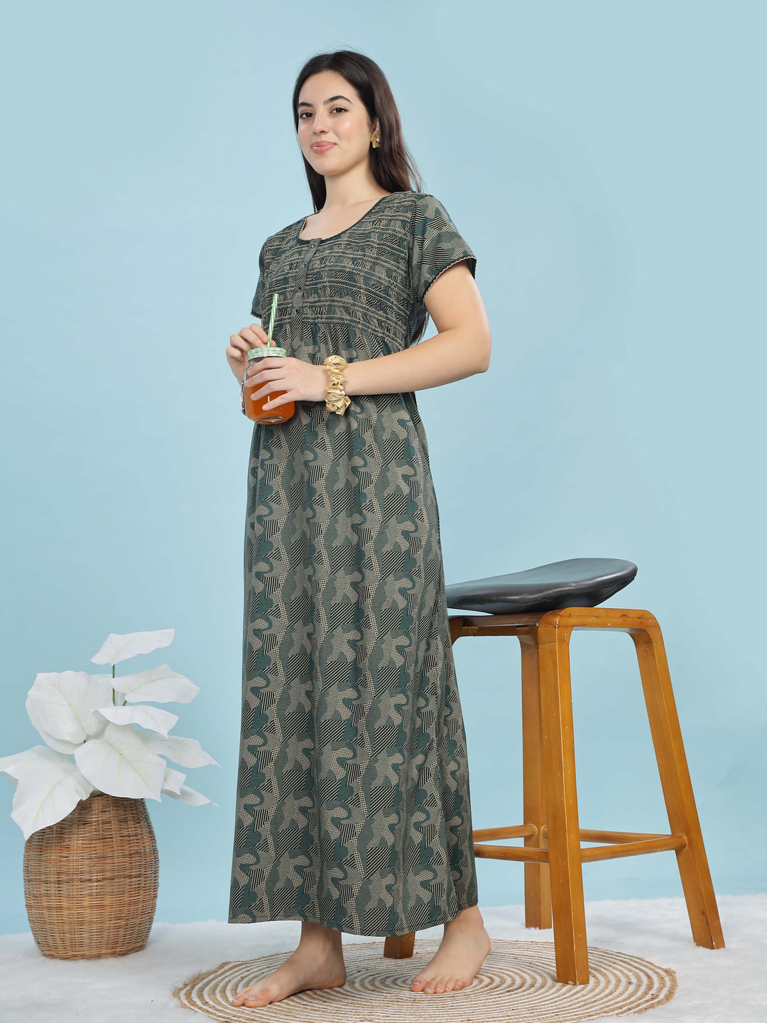 Trendy Green Smokey Floral Designer Maxi Nighty