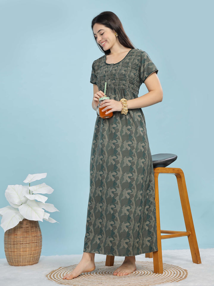 Trendy Green Smokey Floral Designer Maxi Nighty