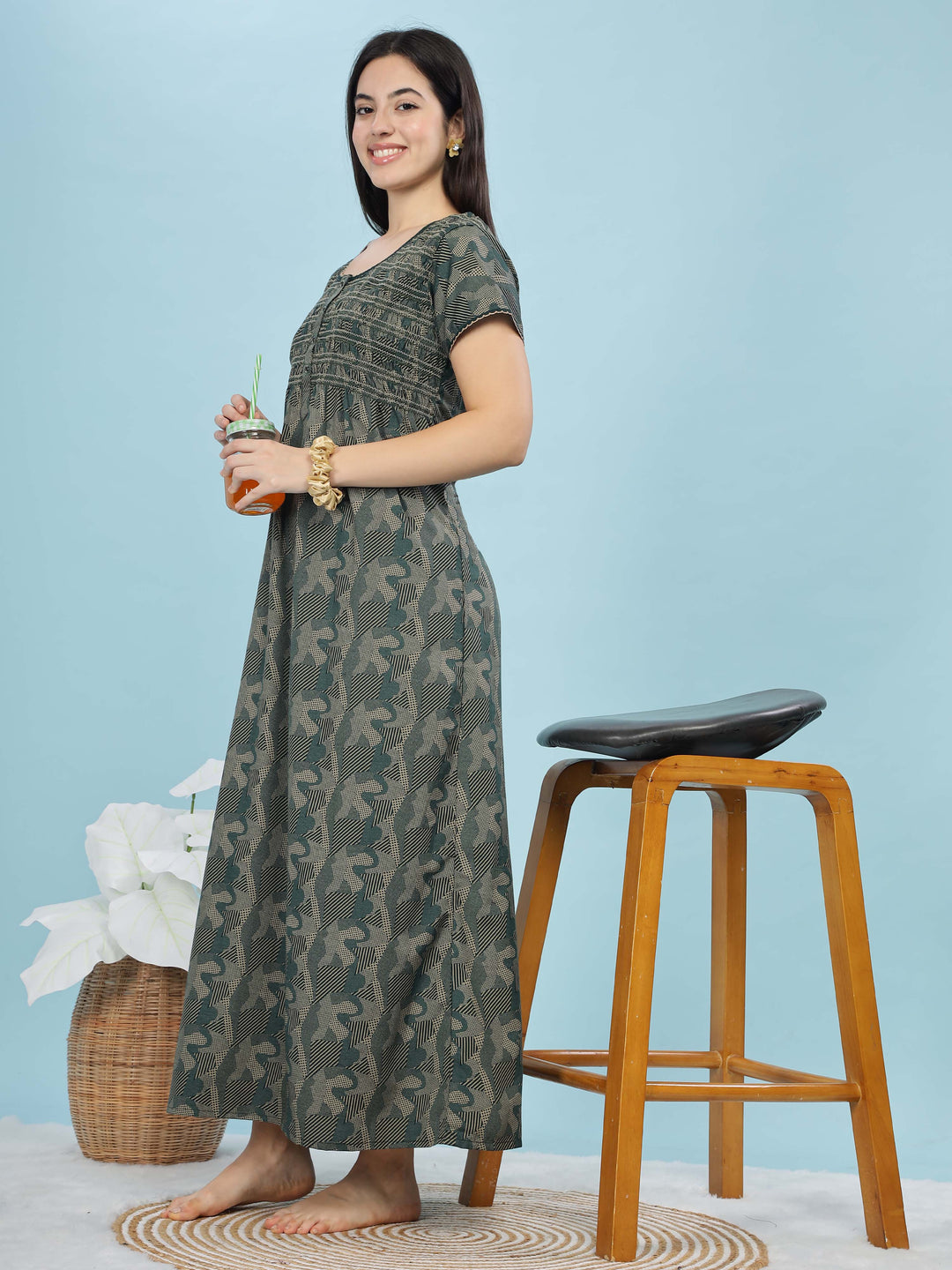 Trendy Green Smokey Floral Designer Maxi Nighty