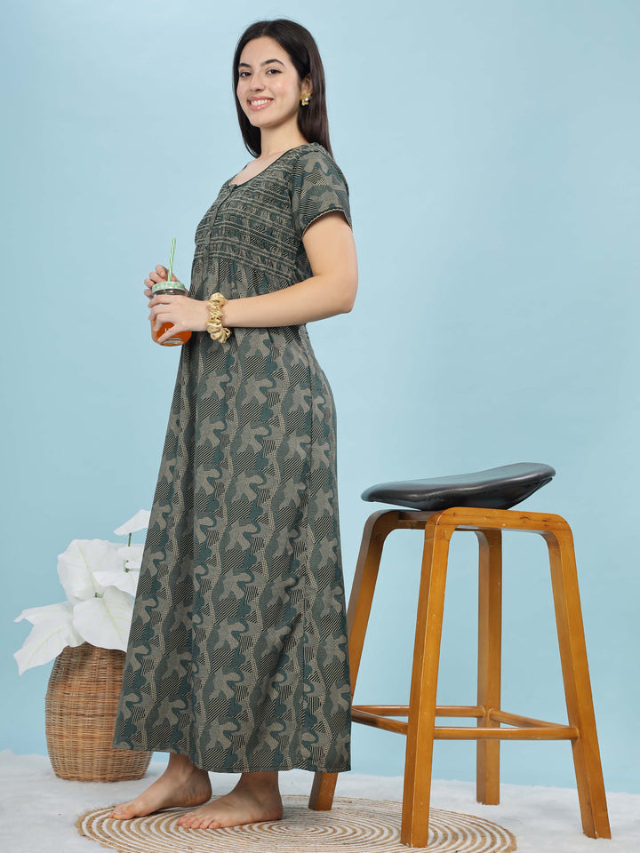 Trendy Green Smokey Floral Designer Maxi Nighty