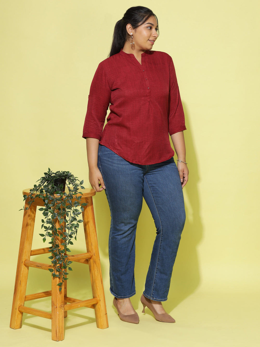  Casual Tops  Mandarin Collar Top - Shop Latest Dark Red Cotton Top Online- 9shines label 