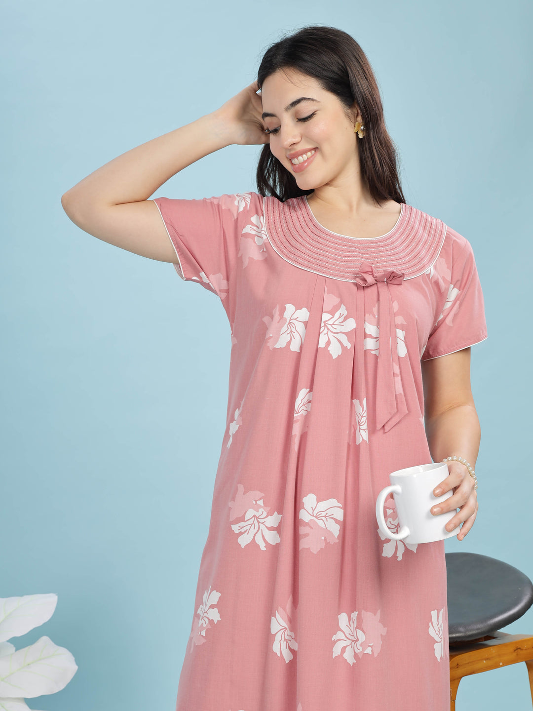 Peach floral print designer nighty 