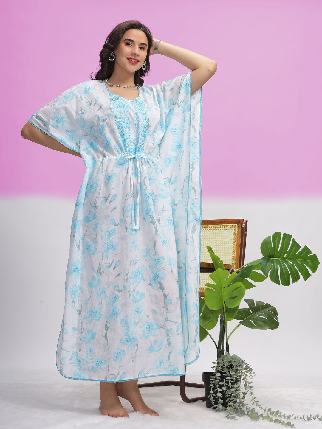  Kaftan  Shop Now!White Cotton Kaftan Dress with Sea Blue  Floral Accents - 9shines label 