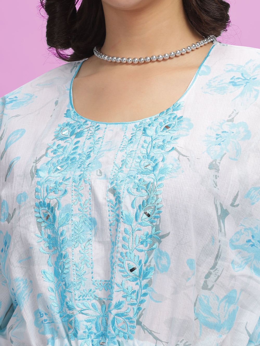  Kaftan  Shop Now!White Cotton Kaftan Dress with Sea Blue  Floral Accents - 9shines label 