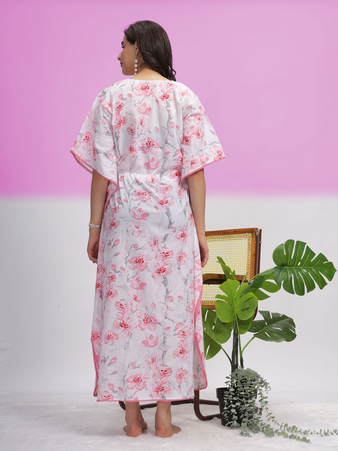  Kaftan  Shop Now!White Cotton Kaftan Dress with Light Pink Floral Accents - 9shines label 