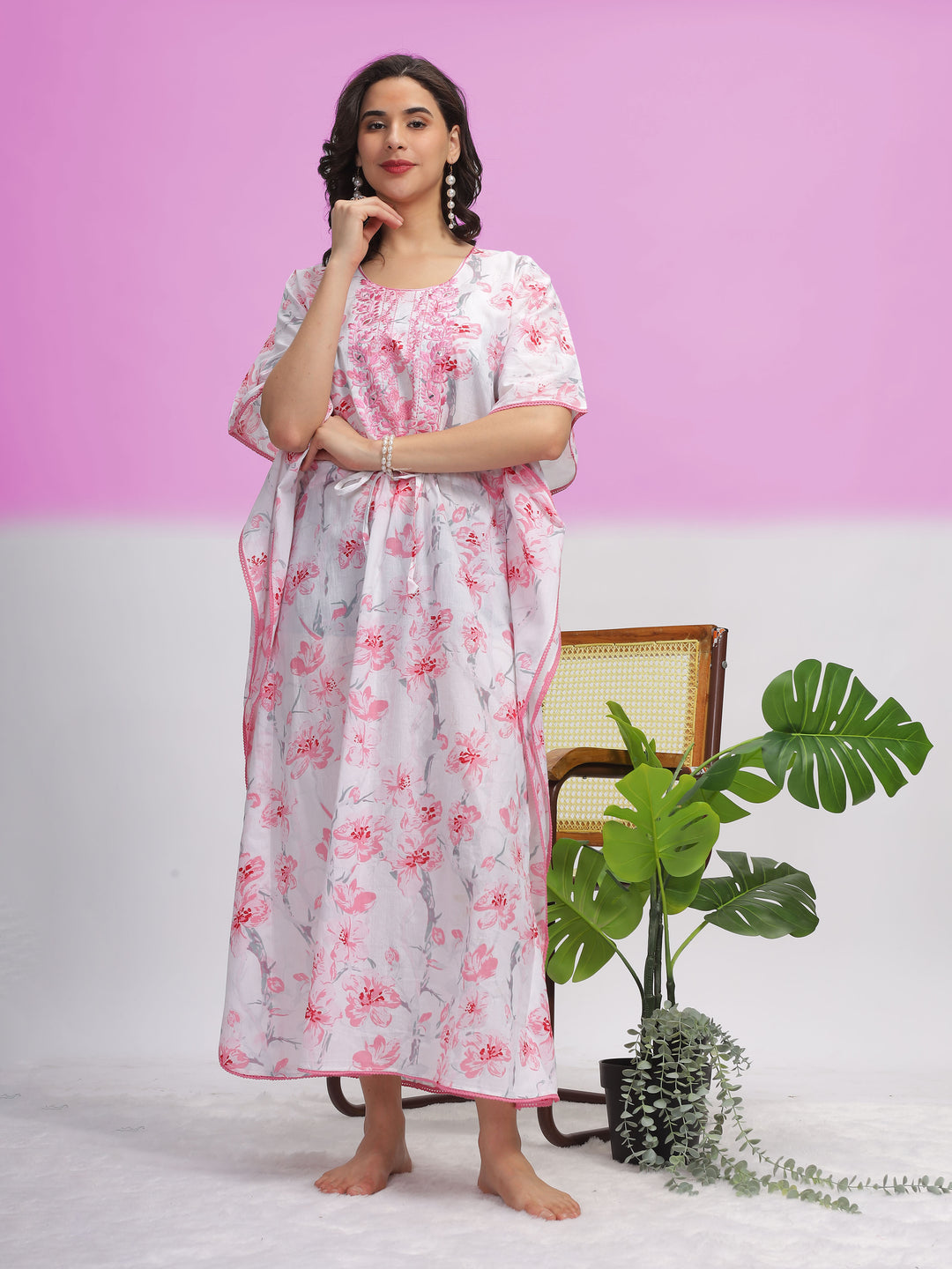  Kaftan  Shop Now!White Cotton Kaftan Dress with Light Pink Floral Accents - 9shines label 