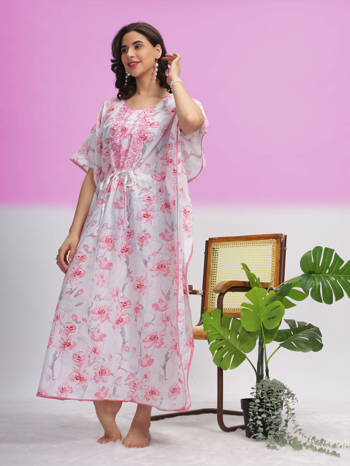  Kaftan  Shop Now!White Cotton Kaftan Dress with Light Pink Floral Accents - 9shines label 