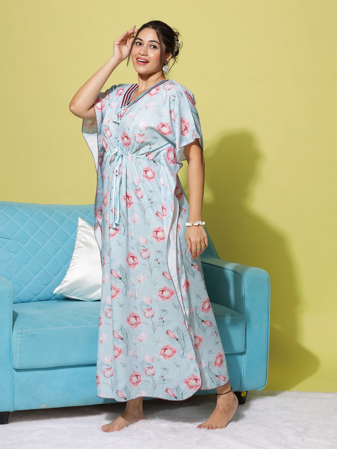 Trendy Poly Viscose Kaftan Dress for Women in Blue Red Hues