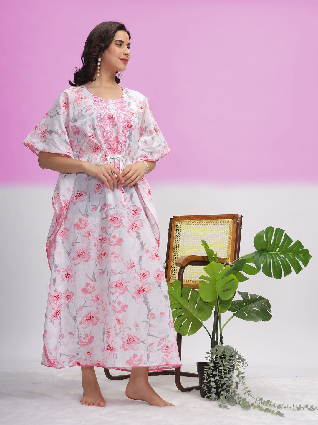  Kaftan  Shop Now!White Cotton Kaftan Dress with Light Pink Floral Accents - 9shines label 