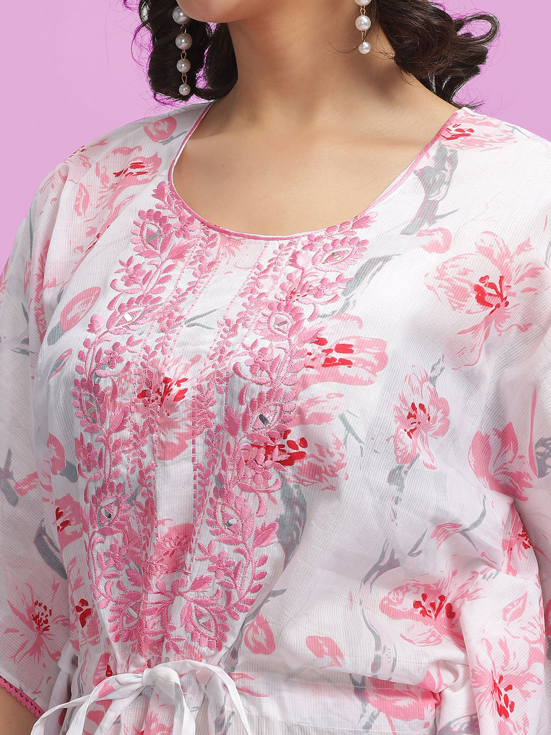  Kaftan  Shop Now!White Cotton Kaftan Dress with Light Pink Floral Accents - 9shines label 