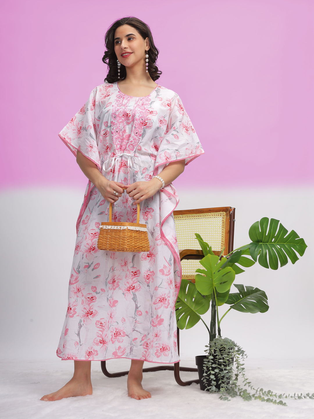  Kaftan  Shop Now!White Cotton Kaftan Dress with Light Pink Floral Accents - 9shines label 