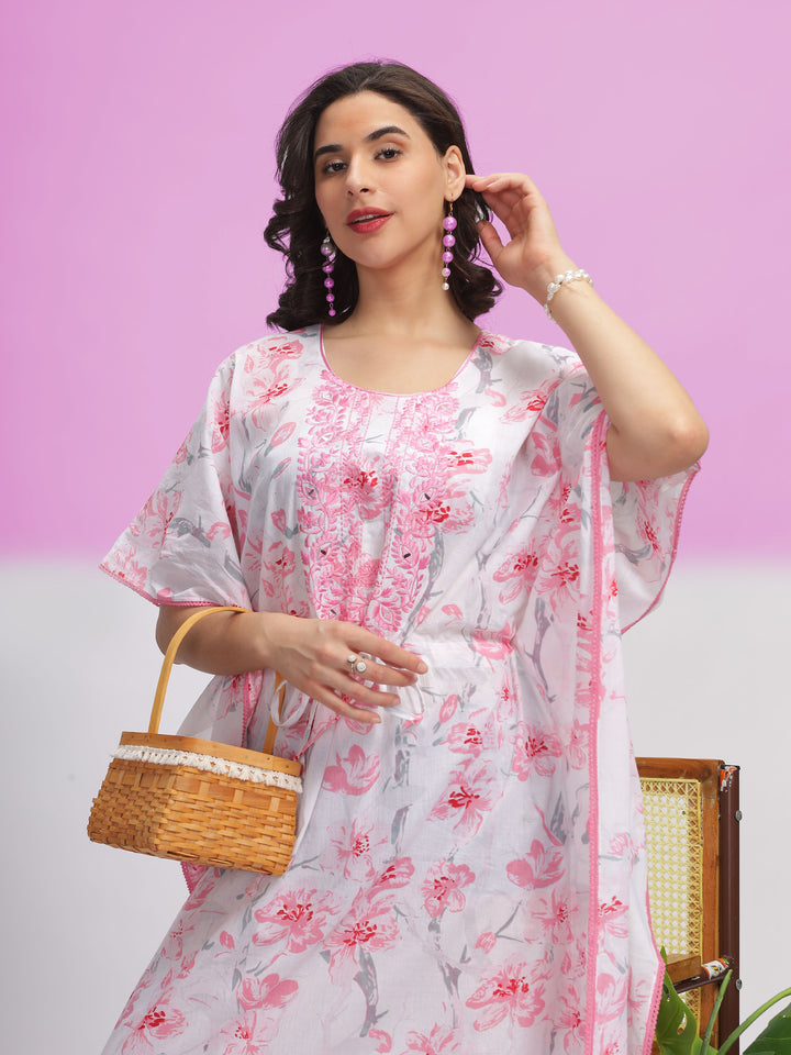  Kaftan  Shop Now!White Cotton Kaftan Dress with Light Pink Floral Accents - 9shines label 