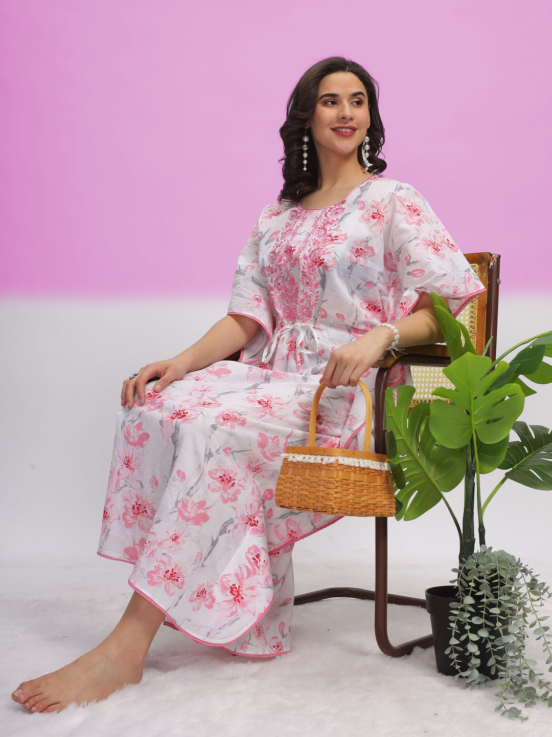  Kaftan  Shop Now!White Cotton Kaftan Dress with Light Pink Floral Accents - 9shines label 