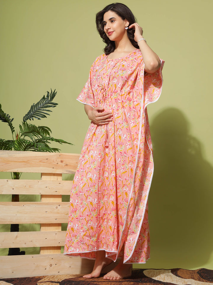 Chic Peach Maternity Kaftan Dress For Women