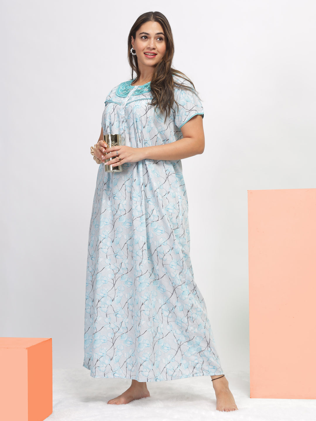  Digital Poly Viscose Nighty  Blue Embroidered Nighty: Elegance in Every Stitch- 9shines label 