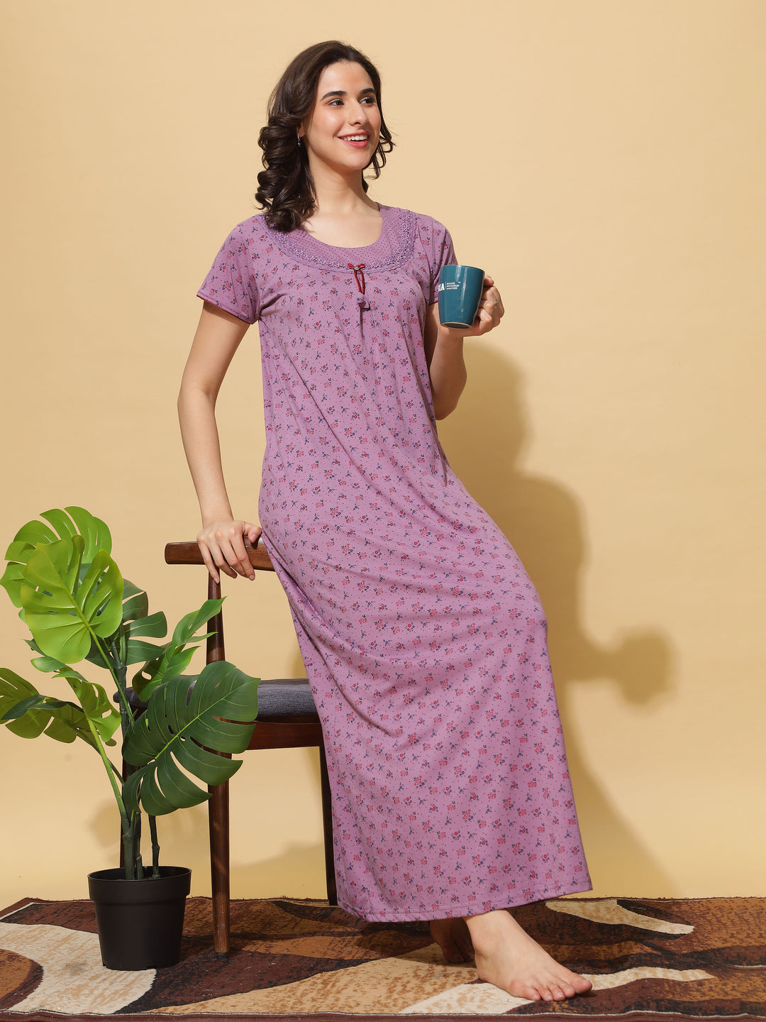 Trendy Purple Cotton Blend Designer Maxi Nighty